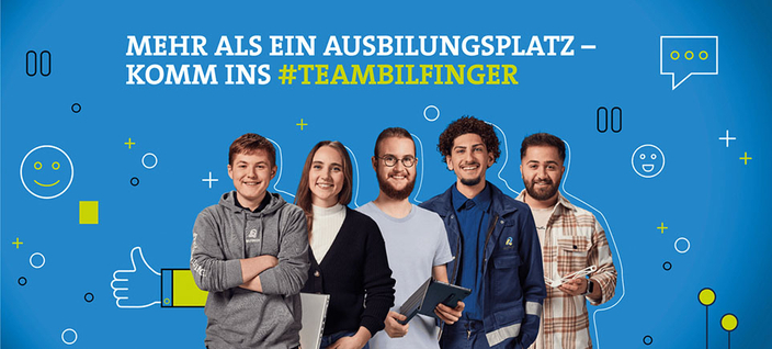 5 junge Menschen lächeln. Spruch: Mehr als ein Ausbildungsplatz – komm ins #Teambilfinger 5 junge Menschen lächeln. Spruch: Mehr als ein Ausbildungsplatz – komm ins #Teambilfinger