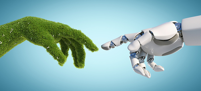 Grafik: Zeigefinger einer grün bewachsenen Hand berührt Zeigefinger einer Roboterhand Grafik: Zeigefinger einer grün bewachsenen Hand berührt Zeigefinger einer Roboterhand