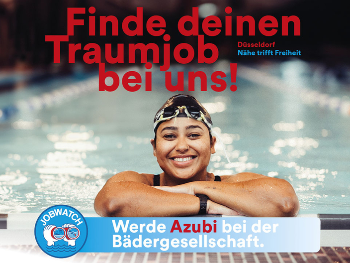 Schwimmerin mit Badekappe; Spruch: Finde deinen Traumjob bei uns.