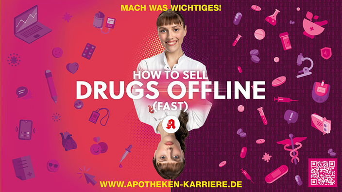 Apothekerin vor pink-lilanem Hintergrund mit stilisierten Apotheken-Symbolen, Bildaufschrift: Mach was Wichtiges! How to sell drugs offline (fast) Apothekerin vor pink-lilanem Hintergrund mit stilisierten Apotheken-Symbolen, Bildaufschrift: Mach was Wichtiges! How to sell drugs offline (fast)