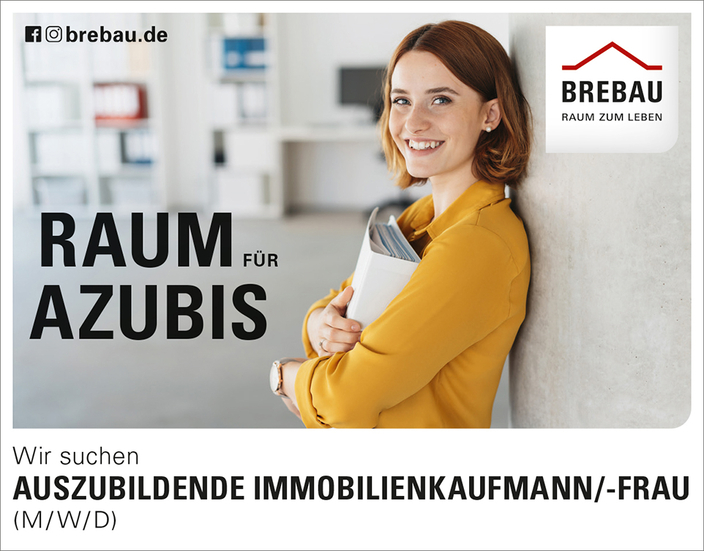 Junge lächelnde Person mit Aktenordner im Arm lehnt an der Wand, Bildaufschrift: Raum für Azubis Junge lächelnde Person mit Aktenordner im Arm lehnt an der Wand, Bildaufschrift: Raum für Azubis