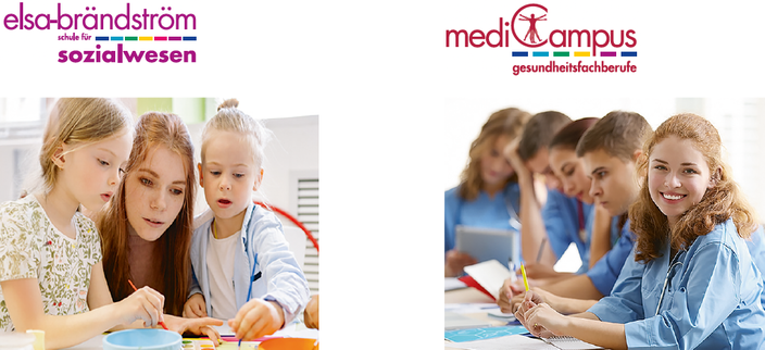 Foto einer Erzieherin zwischen zwei Mädchen malend an einem Tisch und dem Logo der elsa-brandström Schule für Sozialwesen daneben ein Bild von 5 Schülerinnen beim Lernen und dem Logo des Medi Campus Gesundheitsfachberufe Foto einer Erzieherin zwischen zwei Mädchen malend an einem Tisch und dem Logo der elsa-brandström Schule für Sozialwesen daneben ein Bild von 5 Schülerinnen beim Lernen und dem Logo des Medi Campus Gesundheitsfachberufe