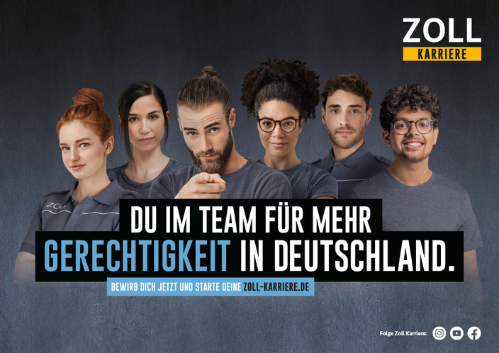 Kampagnenbild "Du im Team für mehr Gerechtigkeit in Deutschland." Bewirb dich jetzt und starte deine Zoll-Karriere.de