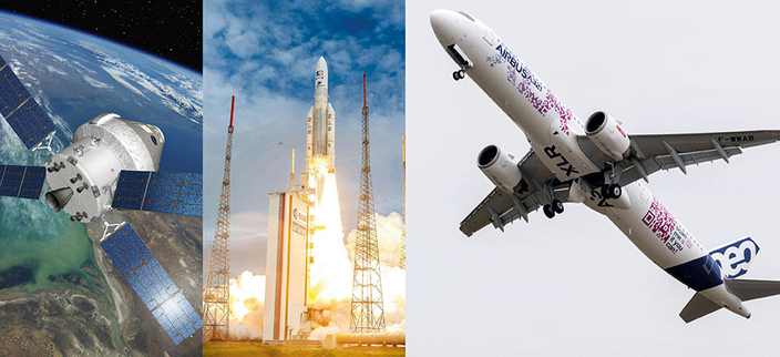 Fotocollage: Satellit im Weltall, Start einer Rakete, Airbus Flugzeug