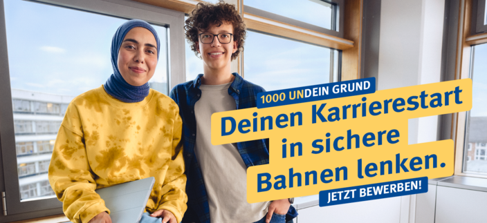 Ausbildungskampagne mit der Aufschrift: Deinen Karrierestart in sichere Bahnen lenken Ausbildungskampagne mit der Aufschrift: Deinen Karrierestart in sichere Bahnen lenken