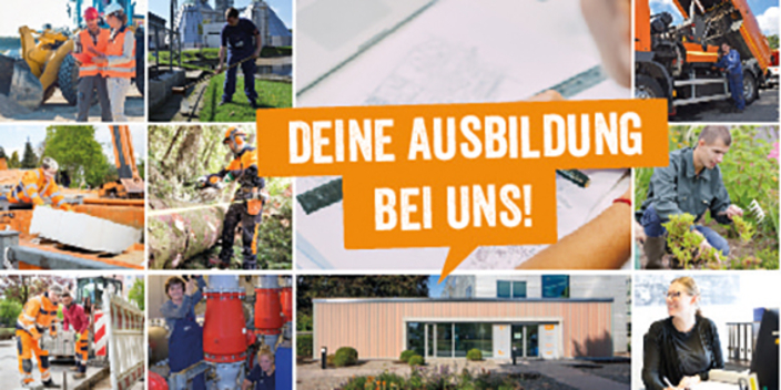 Bildcollage von Auszubildenden in verschiedenen Bereichen, Bildaufschrift: Deine Ausbildung bei uns! Bildcollage von Auszubildenden in verschiedenen Bereichen, Bildaufschrift: Deine Ausbildung bei uns!