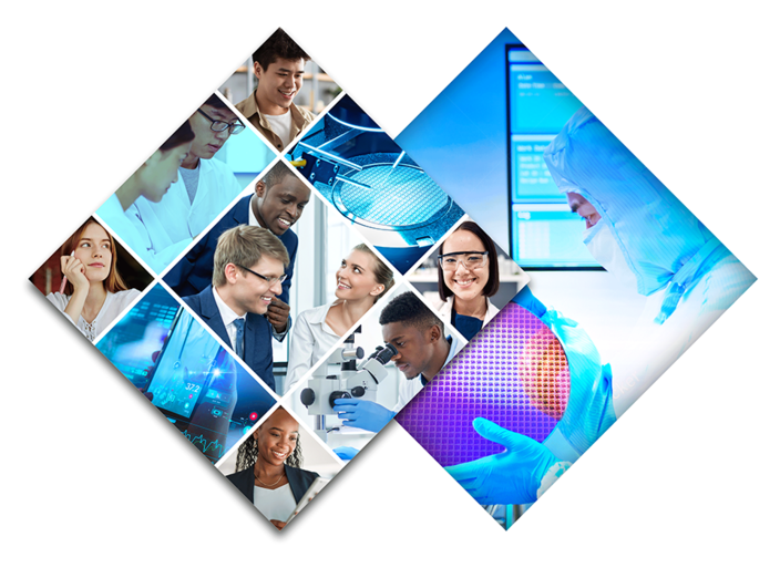 Verschiedene Szenen aus dem Arbeitsalltag in der Halbleiterindustrie als Collage zusammengesetzt, auf einem weiteren Bild, das dahinter angeordnet ist, Mitarbeiter mit einem Wafer im Reinraum Verschiedene Szenen aus dem Arbeitsalltag in der Halbleiterindustrie als Collage zusammengesetzt, auf einem weiteren Bild, das dahinter angeordnet ist, Mitarbeiter mit einem Wafer im Reinraum