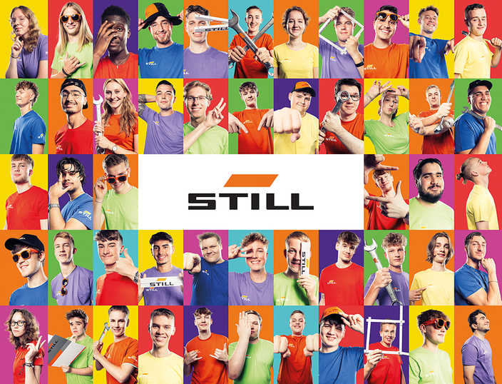 Viele kleine Bilder im Muster rund um das Logo von STILL angeordnet Viele kleine Bilder im Muster rund um das Logo von STILL angeordnet