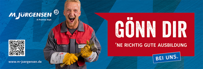 Junger Mensch in Arbeitskleidung mit einem Hammer in der Hand, Bildaufschrift: Gönn dir ne richtig gute Ausbildung. Bei uns.