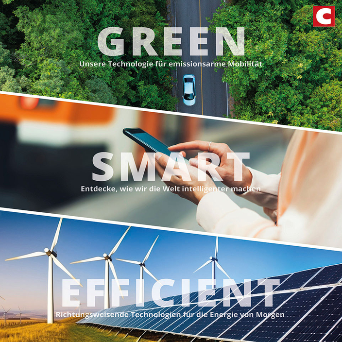 Bildcollage, Bild 1 Straße im Wald, Aufschrift: Green, Bild 2 Handy in der Hand, Aufschrift: Smart, Bild 3 Windräder, Aufschrift: Efficient Bildcollage, Bild 1 Straße im Wald, Aufschrift: Green, Bild 2 Handy in der Hand, Aufschrift: Smart, Bild 3 Windräder, Aufschrift: Efficient