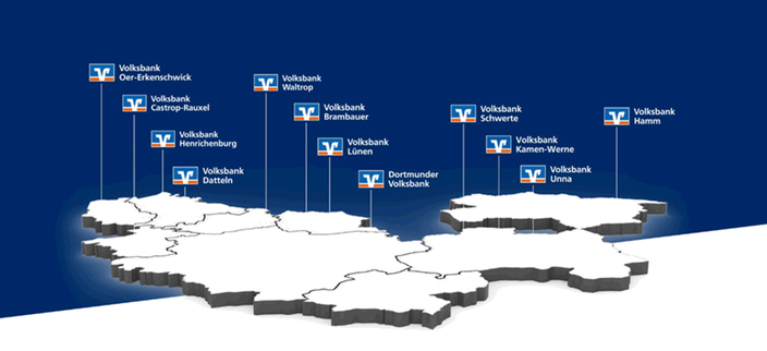 Karte mit Markierung der Volksbank-Niederlassungen in NRW