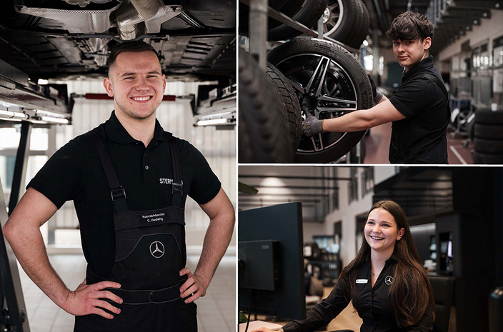 Collage aus 3 Bildern die Mitarbeitende von Sternauto in der Werksatt, dem Lager und im Büro zeigen Collage aus 3 Bildern die Mitarbeitende von Sternauto in der Werksatt, dem Lager und im Büro zeigen
