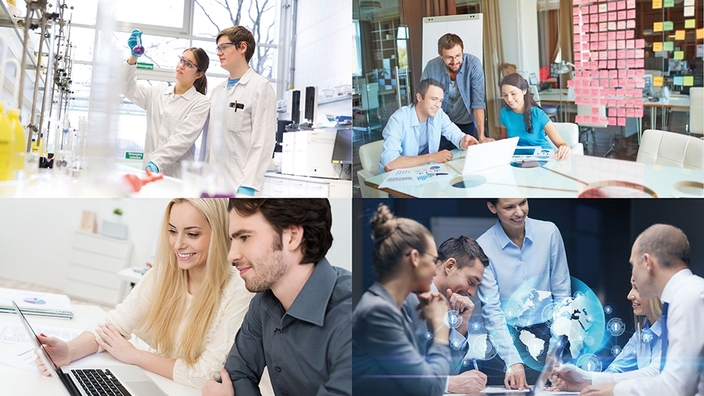 Bildmontage aus vier Bilder. Oben links: zwei Mitarbeitende im Chemielabor. Oben rechts: drei Mitarbeitende am Tisch schauen gemeinsam auf Laptop. Unten links: zwei Mitarbeitende vor Laptop. Unten rechts: mehrere Mitarbeiter in angeregter Diskussion Bildmontage aus vier Bilder. Oben links: zwei Mitarbeitende im Chemielabor. Oben rechts: drei Mitarbeitende am Tisch schauen gemeinsam auf Laptop. Unten links: zwei Mitarbeitende vor Laptop. Unten rechts: mehrere Mitarbeiter in angeregter Diskussion