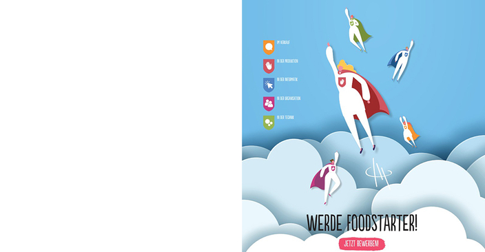 Werbekampagne. Superhelden als Comicgezeichnet fliegen über einer Wolke. Slogan: Werde Foodstarter.