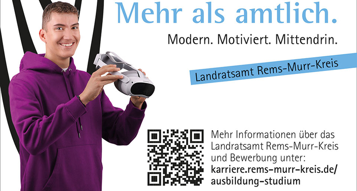 Junger Mensch, der in die Zukunft blickt. Daneben steht der Slogan: Mehr als amtlich. Modern. Motiviert. Mittendrin. Junger Mensch, der in die Zukunft blickt. Daneben steht der Slogan: Mehr als amtlich. Modern. Motiviert. Mittendrin.