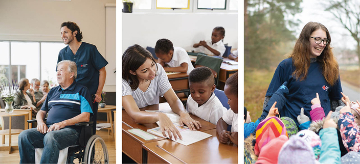 Collage aus drei Bildern mit Situationen aus dem Arbeitsalltag, ein Herr im Rollstuhl mit Pfleger, eine Lehrerin in einer Schule und eine Erzieherin die draußen mit Kindern unterwegs ist Collage aus drei Bildern mit Situationen aus dem Arbeitsalltag, ein Herr im Rollstuhl mit Pfleger, eine Lehrerin in einer Schule und eine Erzieherin die draußen mit Kindern unterwegs ist
