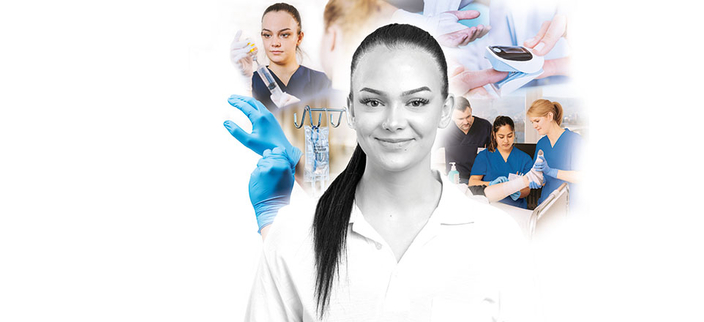 Schwarzweißbild einer jungen lächelnden Person, im Hintergrund farbige Bilder von verschiedenen Arbeitssituationen im Klinikum