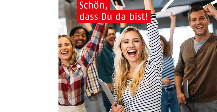 jubelnde junge Menschen "Schön, dass Du da bist!" jubelnde junge Menschen "Schön, dass Du da bist!"