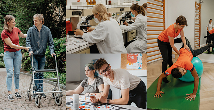 Bildcollage von Auszubildenden in den Bereichen Grafikdesign, Pharmazeutisch-technischer Assistenz, Physio- und Ergotherapie