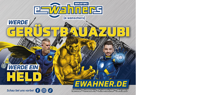 Bearbeitetes Bild, das zwei Mitarbeitende in Superheldenkleidung zeigt, in der Mitte eine gelbe sehr muskulöse Figur. Im Hintergrund sieht man Gerüste. Im Vordergrund steht: Werde Gerüstbauazubi. Werde ein Held.