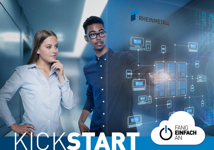 Zwei junge Menschen vor einem virtuellen Standplan, Bildaufschrift: Kickstart. Fang einfach an