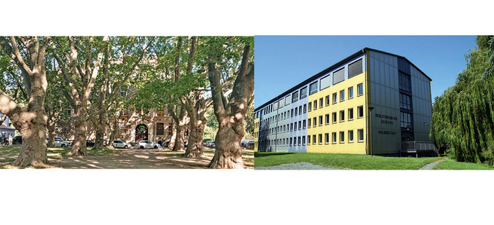Zwei Aussenansichten des Schulgebäudes Zwei Aussenansichten des Schulgebäudes