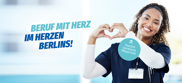 Junge lächelnde Person formt mit den Händen ein Herz, Bildaufschrift: Beruf mit Herz im Herzen Berlins! Junge lächelnde Person formt mit den Händen ein Herz, Bildaufschrift: Beruf mit Herz im Herzen Berlins!