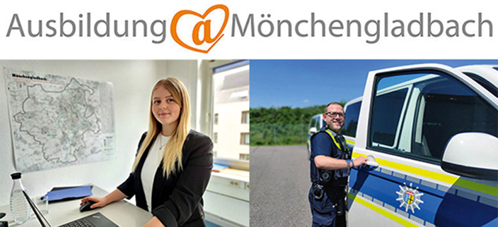 Frau an Schreibtisch + Polizist vor Polizeiauto
