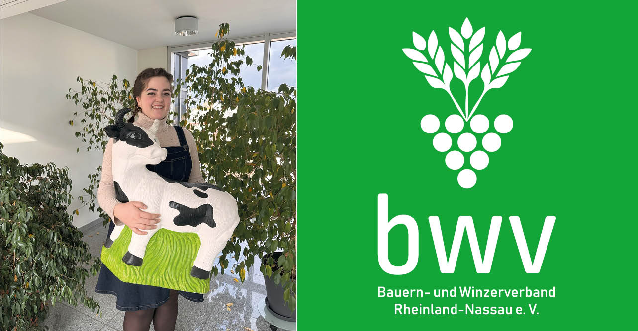 Collage aus Logo Bauern- und Winzerverband und Dame, die eine Plastekuh hält