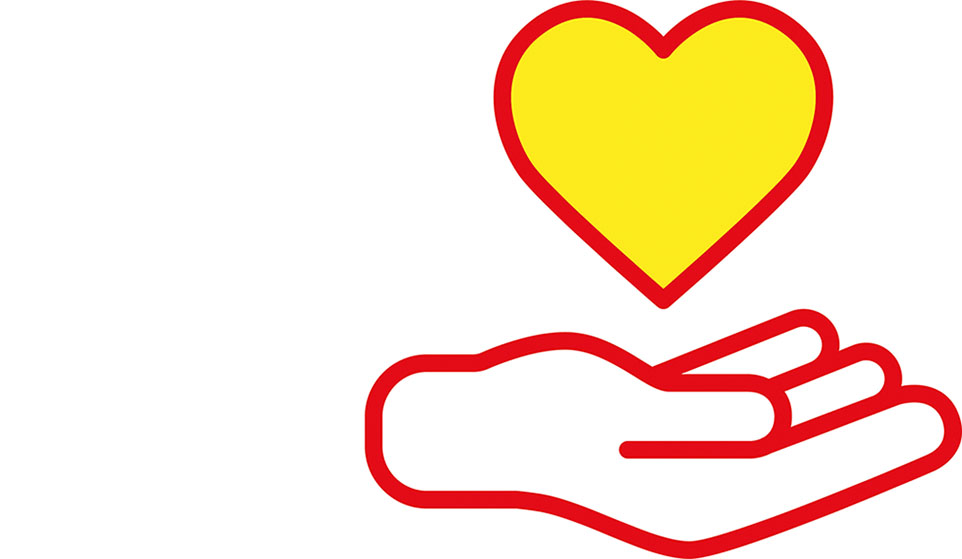Icon: Offene Hand, darüber ein gelbes Herz