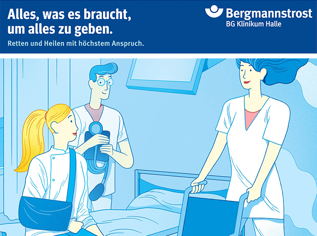 Werbekampagnenbild "Alles, was es braucht, um alles tu geben. Retten und heilen mit höchstem Anspruch." und Logo BG Klinikum Bergmannstrost Halle Werbekampagnenbild "Alles, was es braucht, um alles tu geben. Retten und heilen mit höchstem Anspruch." und Logo BG Klinikum Bergmannstrost Halle