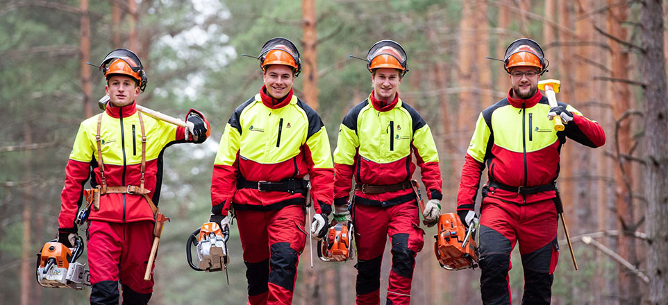 Vier Forstwirte im Wald.