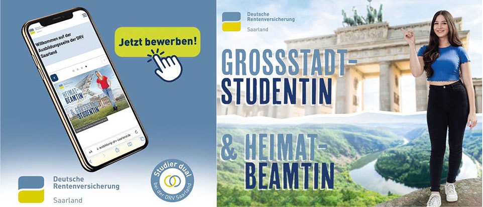Bildcollage: Junge Person vor dem Brandenburger Tor; Spruch: Großstadtstudentin und Heimatbeamtin