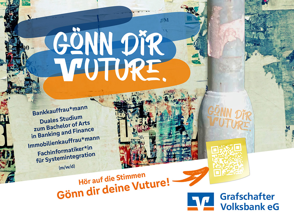 Ausbildungskampagne der Grafschafter Volksbank mit der Aufschrift: Gönn dir Vuture.