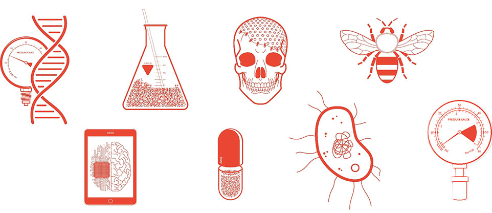 Rote Vektorgrafiken von verschiedenen biologischen und chemischen Symbolen