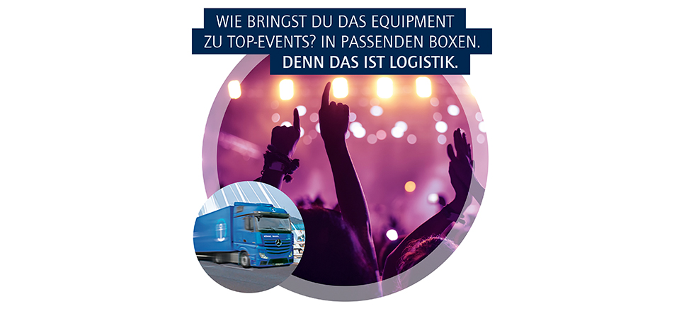Hände von Veranstaltungsbesuchern vor der Bühne, Bildaufrschrift: Wie bringst du das Equipment zu Top-Events? In passenden Boxen. Denn das ist Logistik.