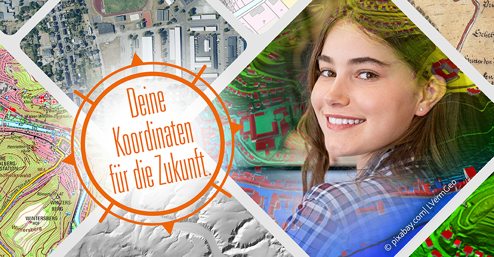 Bildcollage Mädchen und Spruch "Deine Koordinaten für die Zukunft"