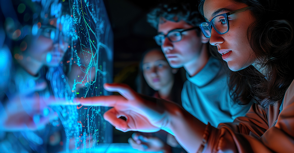 drei junge Menschen schauen auf eine Hightechkarte drei junge Menschen schauen auf eine Hightechkarte