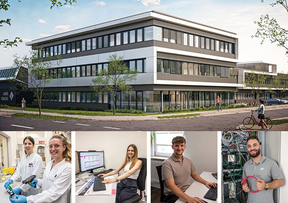 Fotocollage Gebäudeansicht und 4 kleine Darstellungen: Personen bei der Arbeit im MVZ