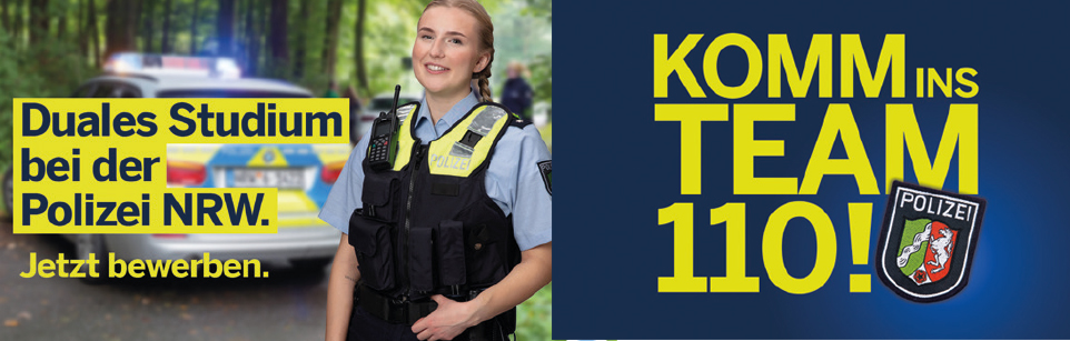 Kampagnenbild "Komm ins Team 110!" Duales Studium bei der Polizie NRW. Jetzt bewerben.