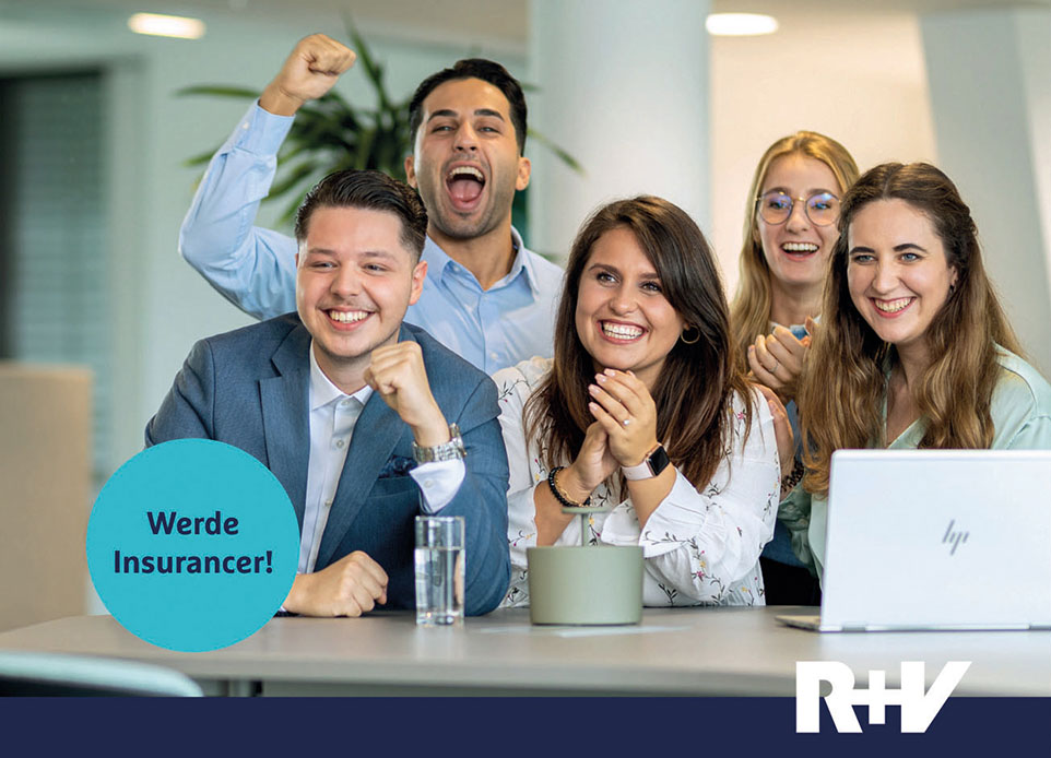 Fünf lächelnde junge Menschen an einem Stehtisch, Bildaufschrift: Werde Insurancer!