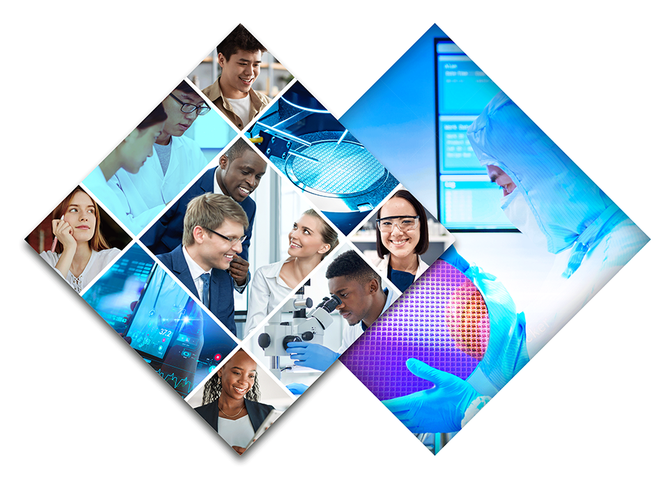 Verschiedene Szenen aus dem Arbeitsalltag in der Halbleiterindustrie als Collage zusammengesetzt, auf einem weiteren Bild, das dahinter angeordnet ist, Mitarbeiter mit einem Wafer im Reinraum Verschiedene Szenen aus dem Arbeitsalltag in der Halbleiterindustrie als Collage zusammengesetzt, auf einem weiteren Bild, das dahinter angeordnet ist, Mitarbeiter mit einem Wafer im Reinraum