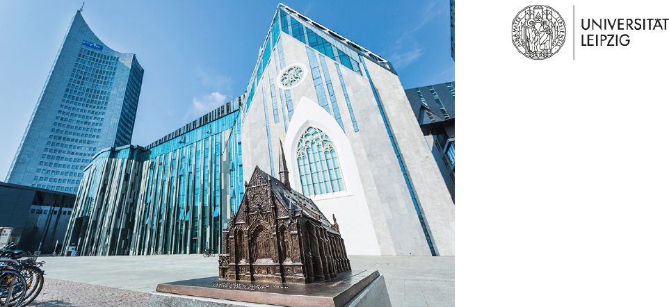 Bild Unigebäude und Logo Universität Leipzig