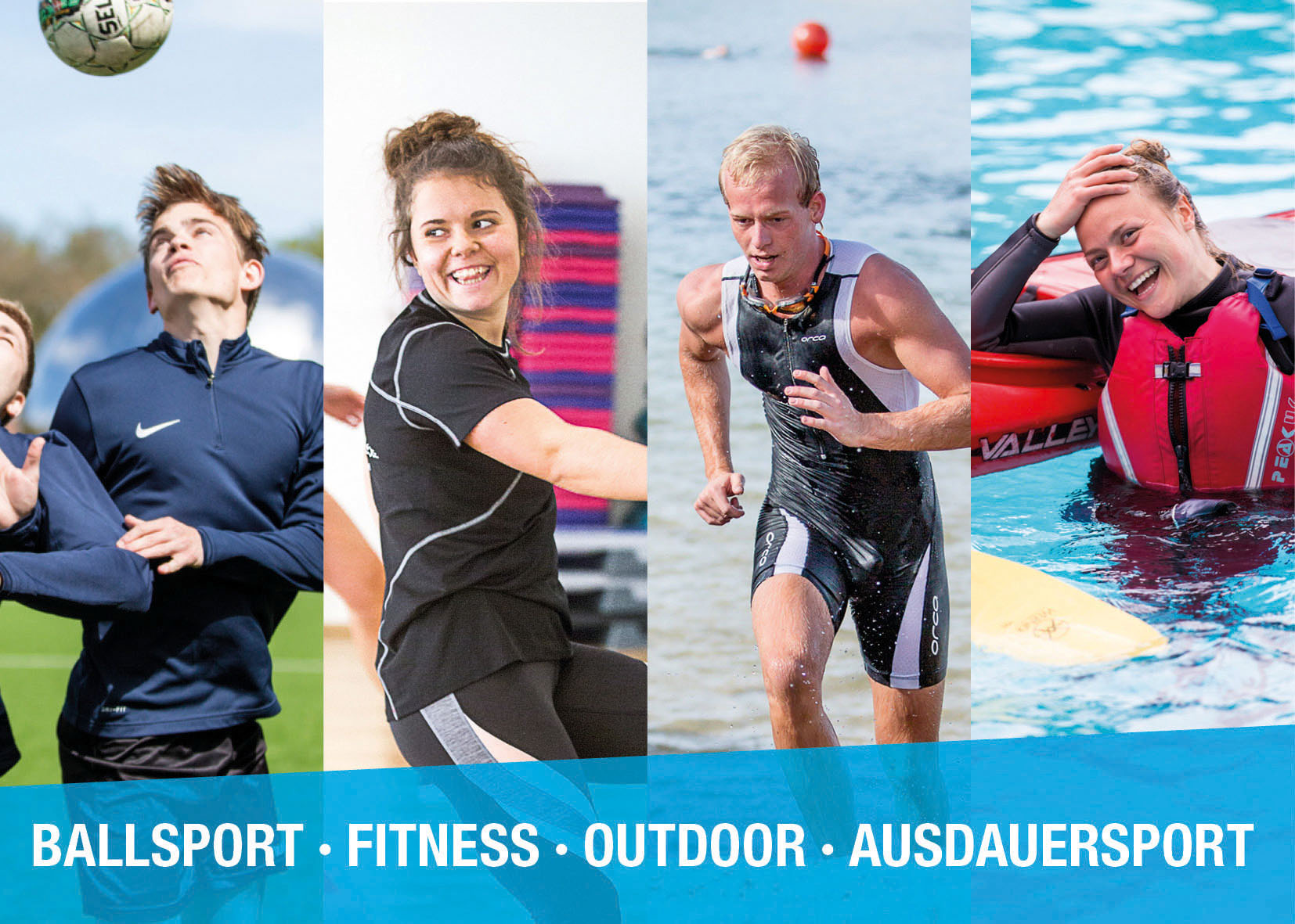 Bildcollage von vier jungen Menschen beim Ballsport, Fitness, Outdor und Ausdauersport