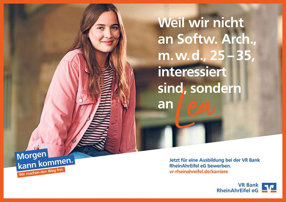 Collage aus Logo VR Bank RheinAhrEifel und freundlicher Dame: Spruch: Morgen kann kommen.