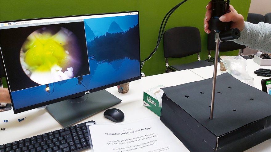 Untersuchung von Obst und Gemüse (in einer schwarzen Box) mit einem Endoskop am Stand der HTW Berlin auf der vocatium Berlin focus beim Forum MINT und Gesundheit.  (Foto: Dr. rer. nat. Leonie Drews, Institut für Talententwicklung)